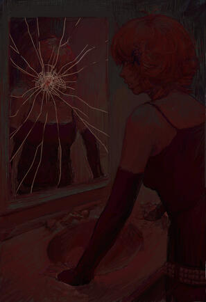 kaname staring into a broken bloody mirror